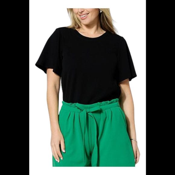 IMAN Global Chic Crepe Knit Flounce Sleeve Top Black - Regular - Picture 1 of 1